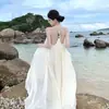 Vestido con cuello plisado y abalorios Vacaciones Románticas Francesas Falda en A Blanca con Abalorios Hada Elegante Falda Larga