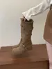 Botas Altas de Mujer para Aumentar la Altura 2026 Nuevas Botas Apiladas Arrugadas Planas hasta Media Pantorrilla con Hebilla de Cinturón Otoño/Invierno