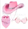 Sombrero de Vaquero Rosa Traje Fiesta Serie Denim Rosa Venta Caliente Transfronteriza Sombrero de Vaquero Rosa con Plumas
