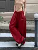Calça de Sarja Vermelha Wide-Leg com Cordão, Estilo Retrô Americano Outono e Verão, Calça Parachute Plissada de Secagem Rápida para Mulheres, Calça Casual Solta com Caimento