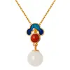 Ouro de Areia Vietnamita Estilo Chinês Coisas Boas com Nuvens Auspiciosas Pingente de Anel de Jade Branco Conjunto de Joias Colar Brincos