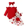 Amazon Outono e Inverno Vestido de Bebê Menina Terno Manga Longa Vermelho Chapéus Triângulo Boneca Urso Vestido de Alça Faixa de Cabelo