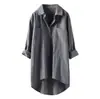 Camisa de Moda de Color Sólido Transfronteriza Europea y Americana para Mujer, Estilo Casual Algodón y Lino Corte Holgado Doble Bolsillo Camisa de Longitud Media