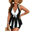 Traje de baño Nuevo de Talla Grande Transfronterizo Europeo y Americano con Color de Contraste Negro y Blanco, Moño, de Tirantes Una Pieza para Vacaciones