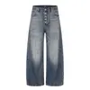 Jeans de Sarja Lavada com Degradê Estilo Americano Tendência Punk Masculina Rasgado Desgastado Solto Braguilha de Botão Perna Larga Calça Longa