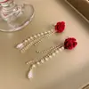 Brincos de Franja de Camélia~Brincos Longos Veludo Vermelho Rosa 2026 Novo Estilo Brincos de Pérola de Alta Qualidade
