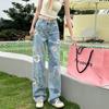 Pantalones vaqueros con estampado de calle estilo americano para mujer, marca de moda de otoño, diseño holgado y combinable, con pierna ancha