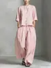 2026 Novo Conjunto de Roupa de Linho com Camisa de Manga Curta Estilo Europeu e Americano para Mulheres, Conjunto de Duas Peças com Calça de Perna Larga Solta de Verão para Roupa de Trabalho Casual