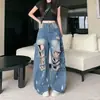 Comercio transfronterizo primavera mujer estampado de letras chica popular pantalones largos de pierna ancha jeans rotos con diseño único de salpicaduras de tinta y lavado vintage