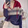 Cardigan de tricô com capuz listrado de cor contrastante novo para Outono e Inverno, feminino, com zíper, solto, suéter casaco casual, top feminino da moda