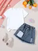Ropa Nueva de Verano para Niñas, Conjunto de Ropa Infantil, Camiseta Granate, Falda de Mezclilla de Manga Corta, Conjunto de Moda Casual de Primavera y Verano para Mujer