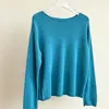 ¡Tejido azul lago! Top de punto holgado de manga larga para mujer, con dobladillo enrollado informal, de algodón de seda Lyocell, para principios de otoño