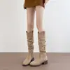 Botas femininas longas 2026, salto grosso, estilo outono e inverno, botas western, cano alto, retrô, emagrecedoras, botas plissadas empilhadas, botas de equitação