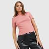 2023 Ropa de Mujer de Comercio Exterior Europeo y Americano Amazon Camiseta de Manga Corta para Mujer Color Sólido Cuello Alto Top de Punto Acanalado Corto Ajustado