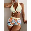 2025 Nuevo Traje de Baño Europeo y Americano Transfronterizo de Amazon Comercio Exterior Halter Estampado Dividido Traje de Baño Bikini de Cintura Alta Floral
