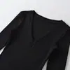 Camiseta de Manga Larga con Escote en V Profundo, Ropa Interior Ajustada Estilo Puro Deseo para Mujer, Otoño e Invierno, Elástica, Ajustada, Top Base Chica Picante