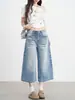 Chao Li tem em estoque jeans vintage com efeito desgastado de três quartos para mulheres, novo estilo de verão, shorts largos retos estilo americano.