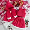Conjunto Infantil Feminino Transfronteiriço Jaqueta com Capuz de Veludo Coral Vermelho Colete Top Saia Curta Pelúcia Outono e Inverno Conjunto de Três Peças