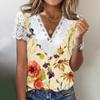 Camiseta de manga corta con cuello en V y encaje suelto para mujer, estilo independiente, de Amazon, verano 2023, estilo europeo y americano
