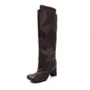 Botas de Montar de Tacón Grueso y Punta Cuadrada para Mujer, Botas Altas de Tubo Largo, Nuevo Estilo Otoño e Invierno, Botas de Tacón Alto sin Cierre de Piel Genuina hasta la Rodilla, Botas de Tubo Recto para Mujer