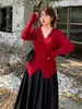 Suéter Inno para Mujer Tallas Grandes Estilo Francés Cuello en V Cruzado Invierno Rojo Estilo Año Nuevo Ajustado Camisa Base 433916