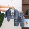 Ropa de Otoño para Niños Estilo Retro Mezclilla Chico Atractivo Niño Pequeño Bloques de Color Estampado Cuello Solapa Cárdigan Moderno Fresco Capa Base Pantalones de Mezclilla