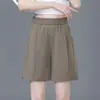 Shorts Feminino de Cintura Totalmente Elástica, Cinco Pontos, Perna Larga, Fino e Fluido, Pregas Frontais, Cobre o Quadril, Calça Casual Solta de Comprimento Médio