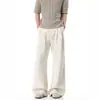 Calça de Linho com Mistura de Tencel Branca para Homens com um Estilo Old Money Fluido, Calça Reta de Perna Larga com Corte Curvo