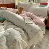 Todo Algodón Estilo Princesa Encaje Grande Juego de Cuatro Piezas ins Fresco Algodón Puro Estilo Coreano Juvenil Sábana Funda Nórdica Dormitorio Juego de Tres Piezas 4
