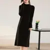 Vestido Jersey de Punto 100% Lana Pura con Cuello Medio y Diseño Calado para Mujer, Interior Suave, Largo, Holgado y Delgado, Cubriente