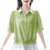Camisa de lino y algodón para mujer, verano 2024, nuevo estilo, top que cubre el vientre, elegante, de moda, camisa pequeña, camisa de manga corta