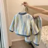 Traje de Casa de Franela para Niñas Otoño e Invierno Plus Terciopelo Engrosado Bordado de Oso Cárdigan Pijama de Forro Polar Coral