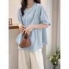 Camisa de Cuello Redondo con Pliegues Irregulares de Botonadura Sencilla para Mujer Verano Talla Grande Hermana Gordita Estilo Coreano Suelta Elegante Ajustada
