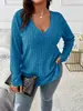 2024 Amazon Otoño e Invierno Nuevo Top de Color Sólido Talla Grande para Mujer Cuello en V Manga Larga Camiseta de Canalé Cepillada Holgada Pulóver