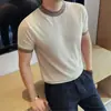 Camiseta de manga corta de lujo para hombre, estilo "old money", mezcla de Tencel y lino, ligera y transpirable, de punto con cuello redondo, capa base de imitación de dos piezas