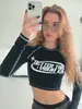Estilo Americano Top Cruzado Estilo Motociclista Transfronteiriço Garota Popular Manga Longa Camiseta Feminina Design Color Block Cintura Cropped Ajuste na Cintura Estampa de Letras