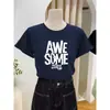Camiseta Feminina Azul Marinho 100% Algodão Manga Curta, Moderna e Versátil, Camiseta Básica Slim-Fit com Estampa de Letras