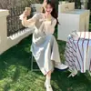 Vestido Cruzado de Encaje con Bloques de Color Patchwork de Temperamento Dulce para Mujer Otoño Falso Dos Piezas Ajustado a la Cintura Falda Larga de Corte A