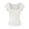 Blusa Casual Slim Fit de Primavera e Verão, Camiseta Básica Slimming de Ombro Normal, Camiseta de Manga Curta Levemente Transparente em Tencel com Gola U Grande para Mulheres