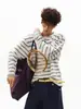 Camiseta de manga longa patchwork listrada estilo miu com botões de chifre, unissex, suéter casual tendência de outono com caimento solto, top simples