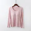 Camisola Longa Listrada de Modal Tudo-em-Um Sutiã Sem Costura Emagrecedora e Confortável Pijama Esporte Yoga Casa Manga Longa