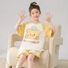 Pijama Feminino Infantil Desenho Animado Fino Manga Curta Algodão Puro Crianças Médias e Grandes Roupa Casual de Casa Verão Conjunto Pai e Filho