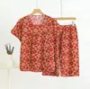 Traje Curto de Verão Feminino Algodão Seda Manga Curta Roupas de Casa Algodão Artificial Duas Peças Gola Redonda Fino Simples Casual Desenho Animado