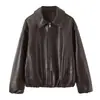 Chaqueta de cuero transfronteriza europea y americana con cuello de solapa, holgada y elegante, chaqueta con cremallera para mujer, única y moderna, cuero versátil de estilo europeo y americano
