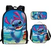 Estampado de Stitch Animación Periférico Estudiantes de Primaria Resistente al Desgaste Mochila Escolar Bolsa de Comida Estuche Lápices Juego de Tres Piezas Fabricante Venta al por Mayor