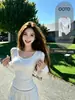Camiseta base branca de manga longa slim fit para mulheres, gola U, ombro normal, estilo coreano casual para o início do outono