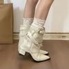 Botas de Salto Grosso Bico Fino para Mulheres, Modelo 2026, Super Estilosas e Versáteis, Botas Brancas Muito Atraentes com Salto Alto Plissado