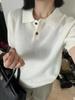 Otoño Temprano 2026 Suéter Versátil de Otoño e Invierno 100% Lana para Mujer, Camisa de Cuello Polo Manga Corta con Cuello de Camisa Elegante, Tejido de Punto Fino de Moda