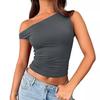 Top Europeo y Americano Transfronterizo de Cuello Oblicuo Sexy Spice Girls Hombro Oblicuo Color Sólido Chaleco Verano para Mujer Jersey con Hombro Descubierto Ombligo Ropa de Mujer