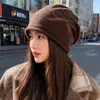 Touca de tricô feminina com laço, novo estilo outono/inverno 2026, para circunferência de cabeça grande, quente e protege as orelhas, adequada para uso pós-parto